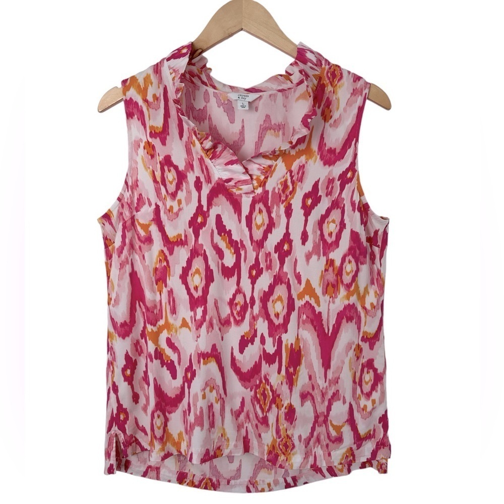 Crown & Ivy Ruffle Neck Ikat Printed Sleeveless Top